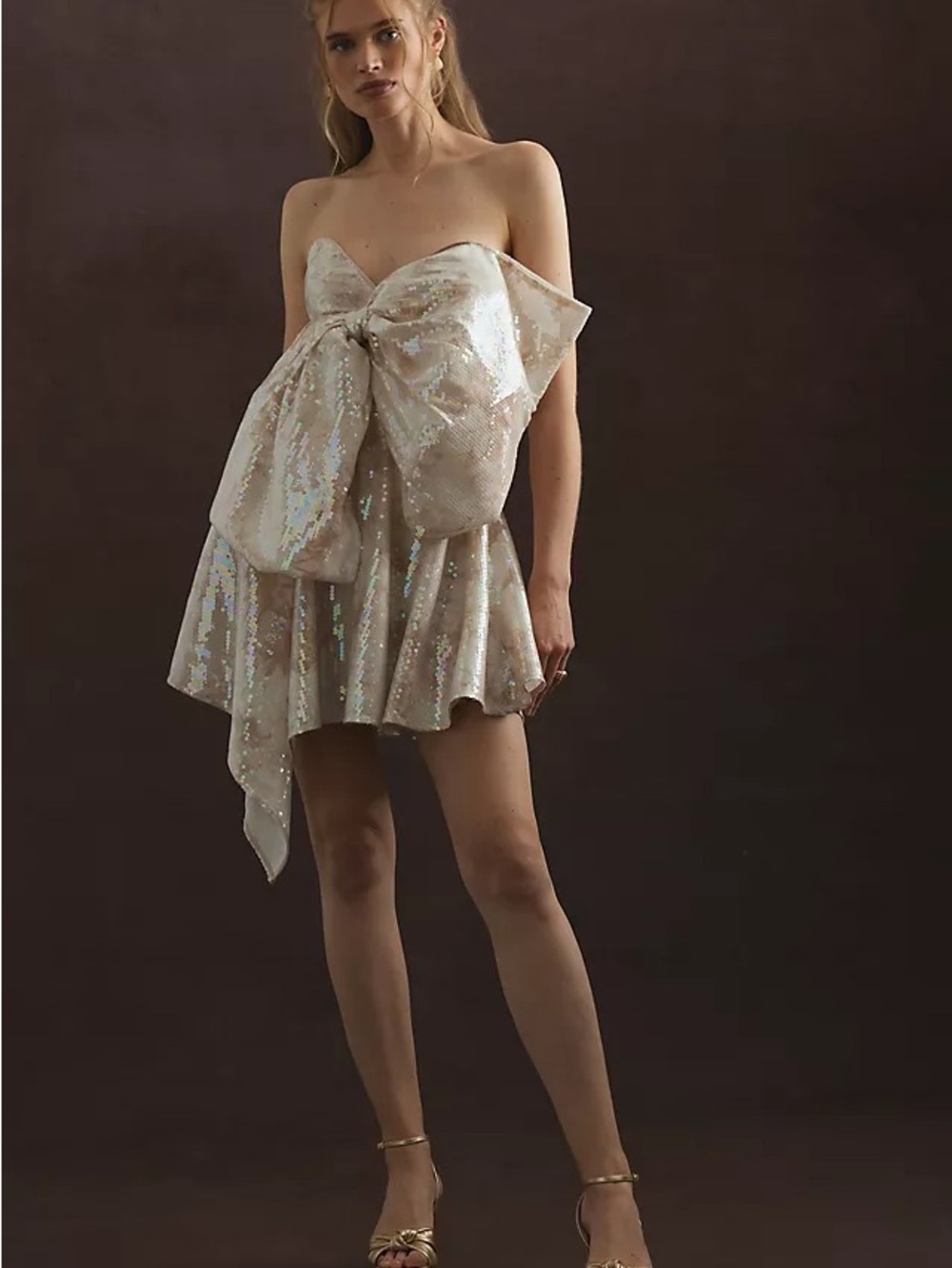 Bardot Iridescent Champagne Sequin Strapless Mini Dress with Oversized Bow